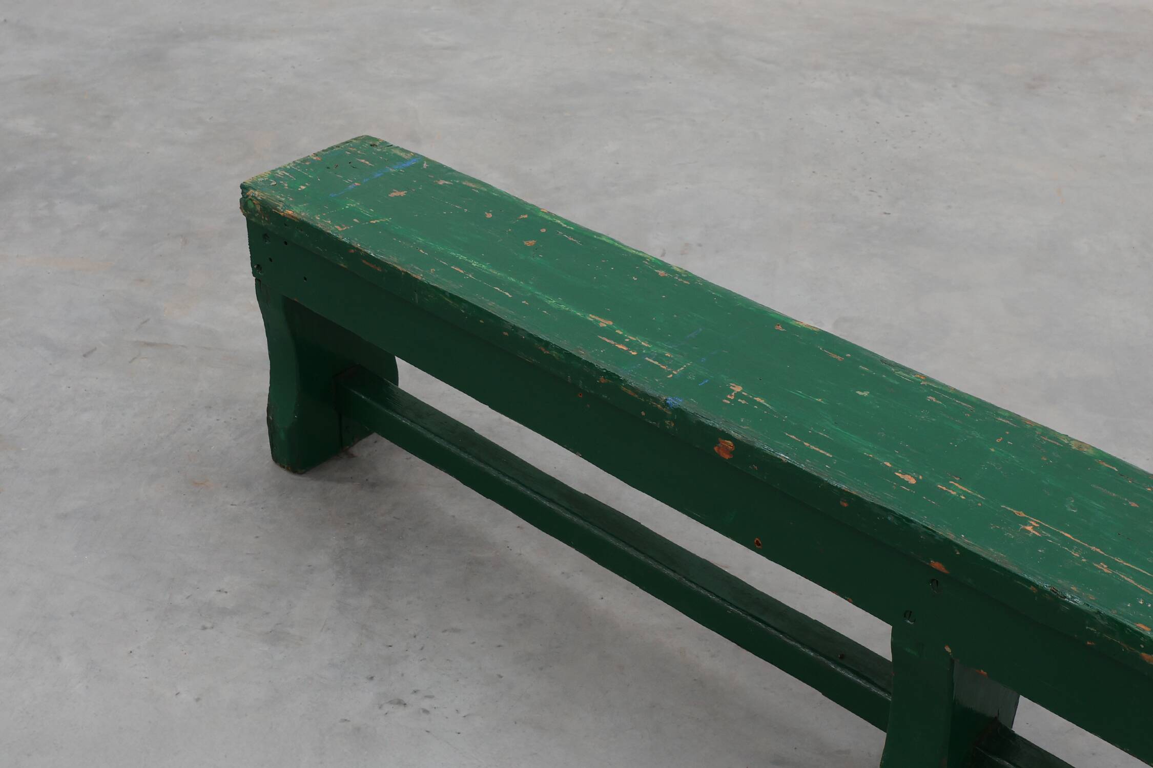 Rustic primitive green farmhouse bench in solid oak, France ca. 1900
