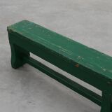 Rustic primitive green farmhouse bench in solid oak, France ca. 1900