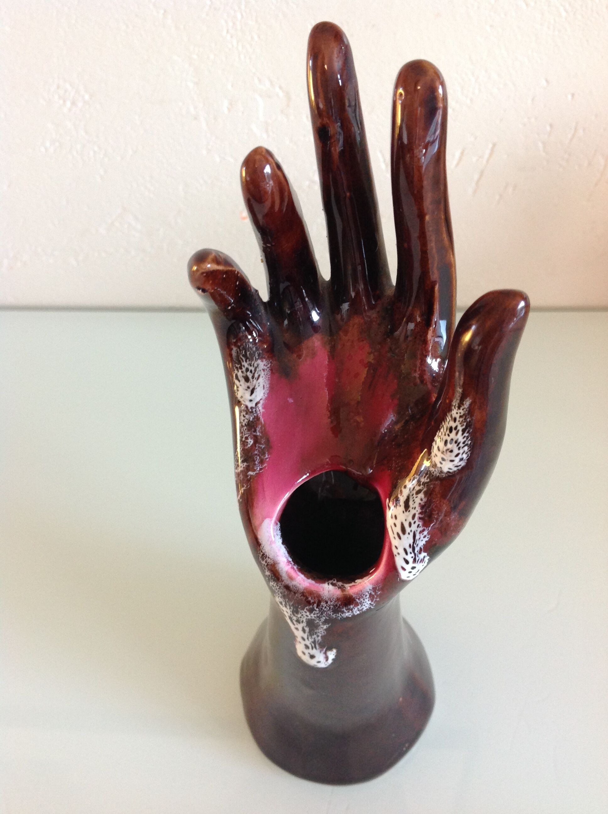 Hand baguier soliflore in brown ceramic, vintage 60/70s