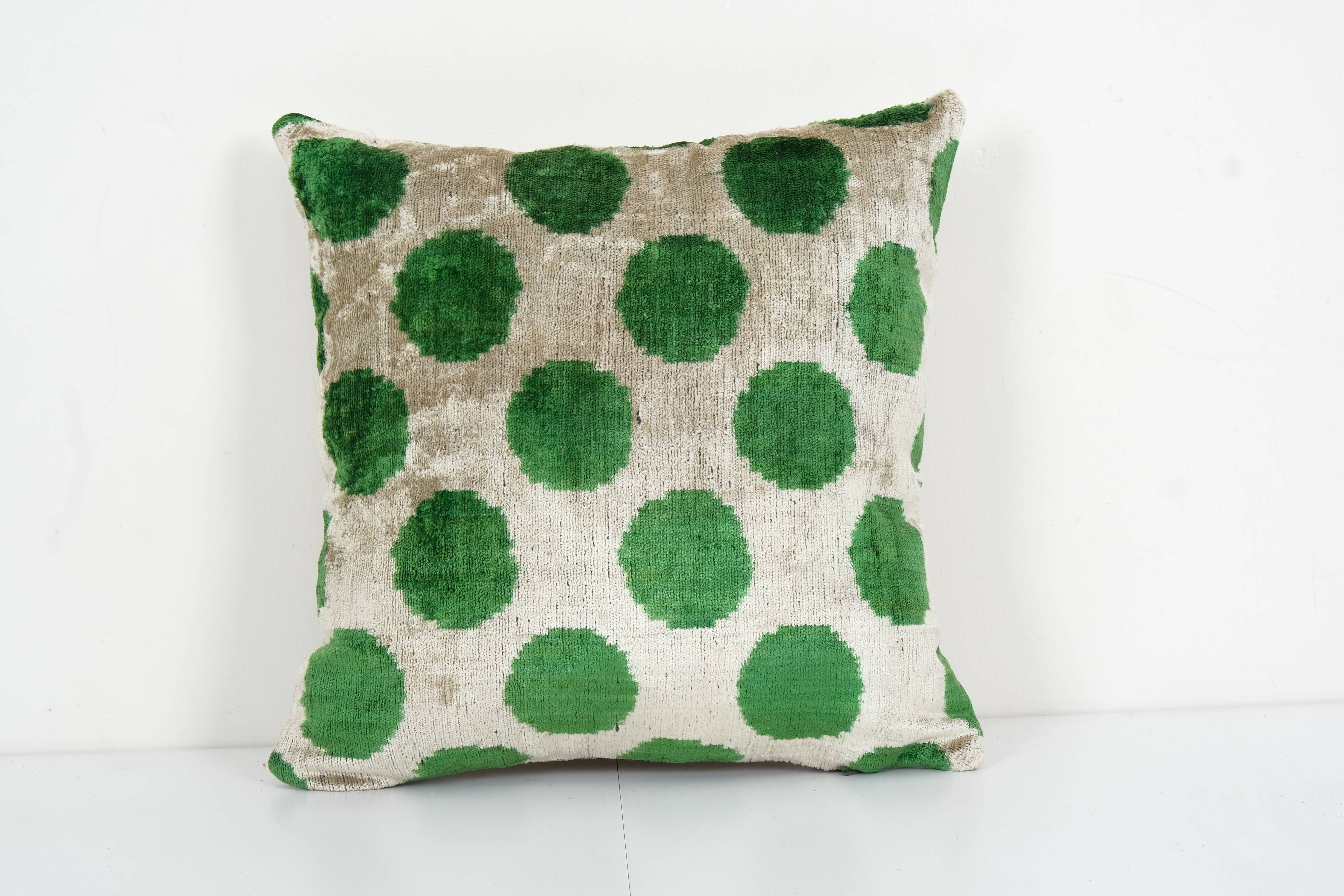 Ikat Velvet Pillow, Silk Cushion Cover, Square Green Polka Dot Pillows, Boho Chic Pillow Cover