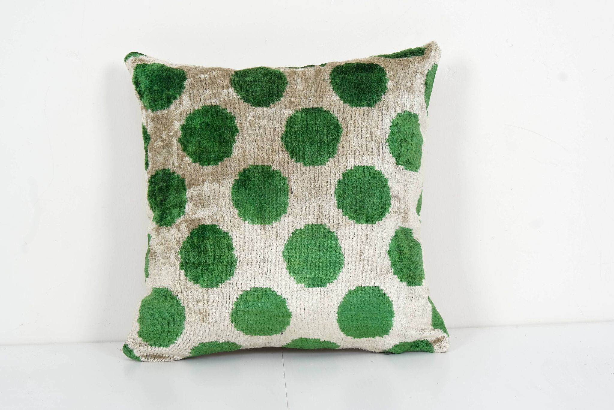 Ikat Velvet Pillow, Silk Cushion Cover, Square Green Polka Dot Pillows, Boho Chic Pillow Cover