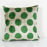 Ikat Velvet Pillow, Silk Cushion Cover, Square Green Polka Dot Pillows, Boho Chic Pillow Cover
