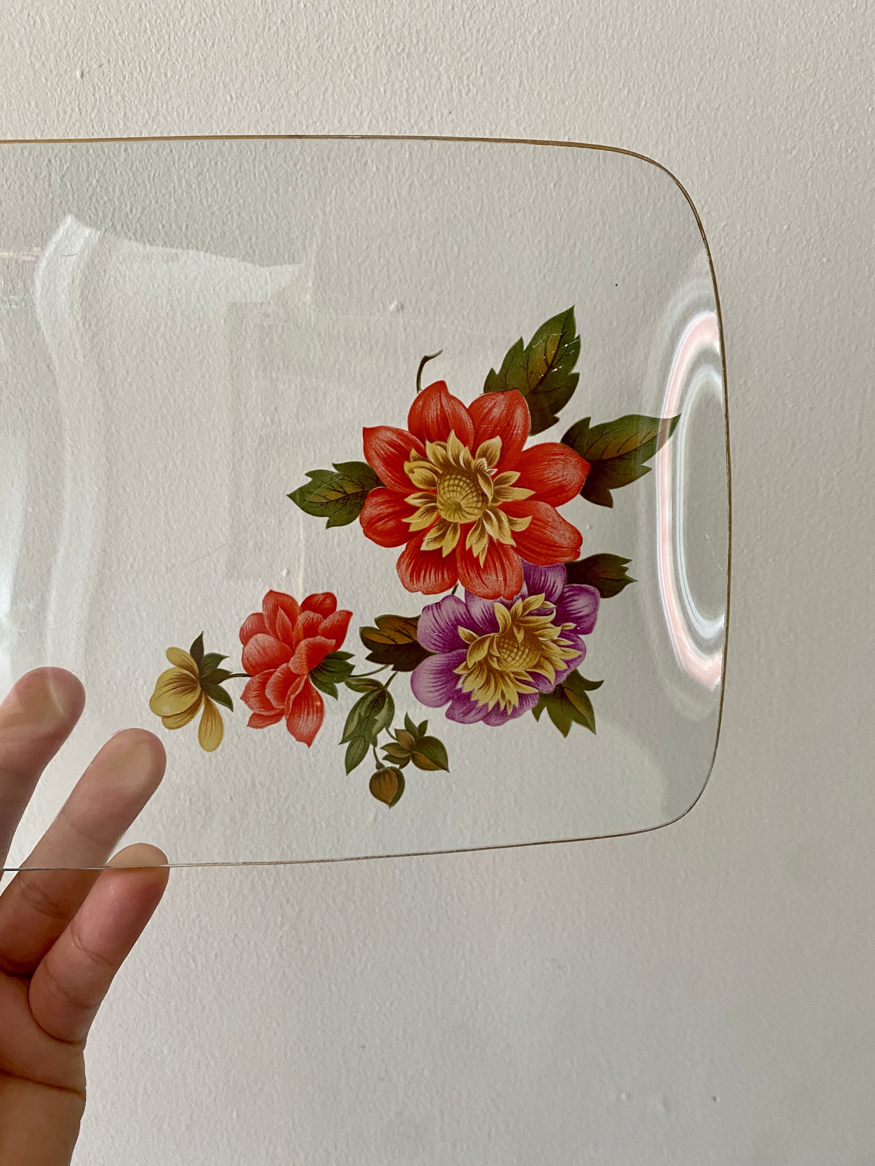 Vintage glass cake dish flower designs