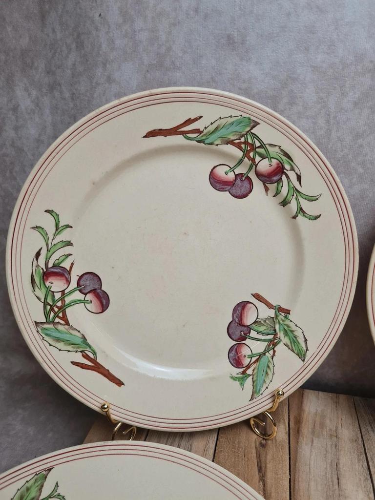 Set of 6 flat plates Boch La Louvière Belgium model 2460 with polychrome cherry decoration.