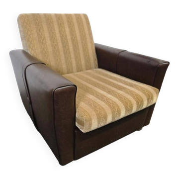 Vintage brown faux leather armchair / retro club chair on wheels
