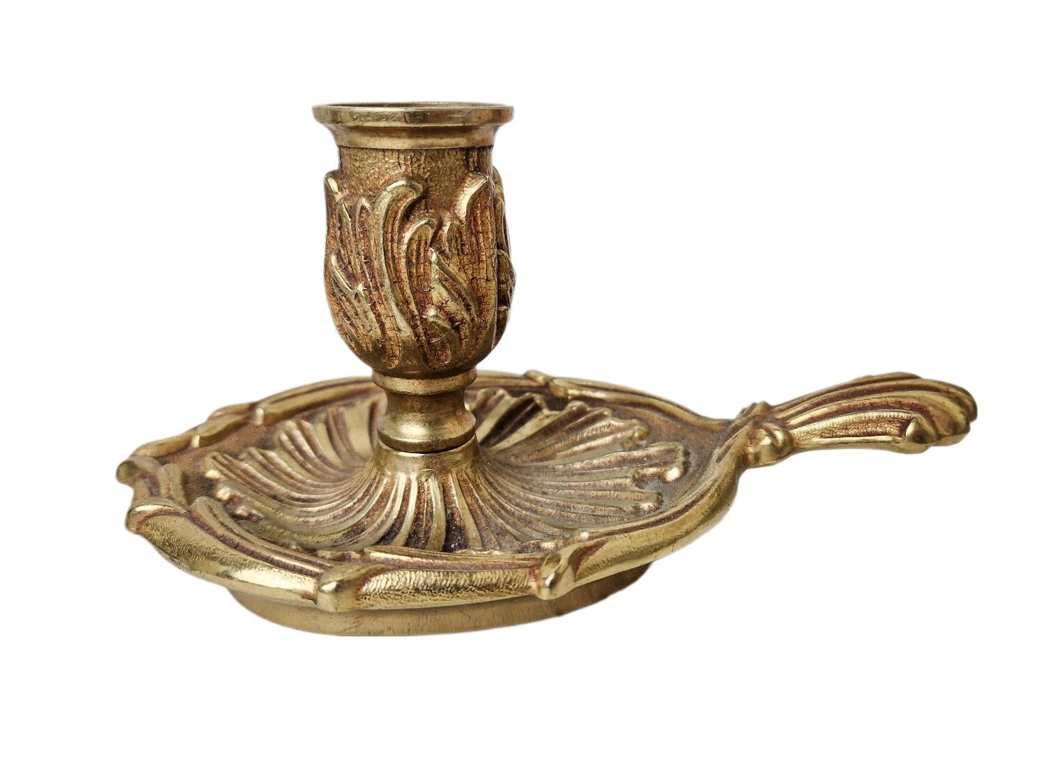 Petit bougeoir à main ancien en bronze doré