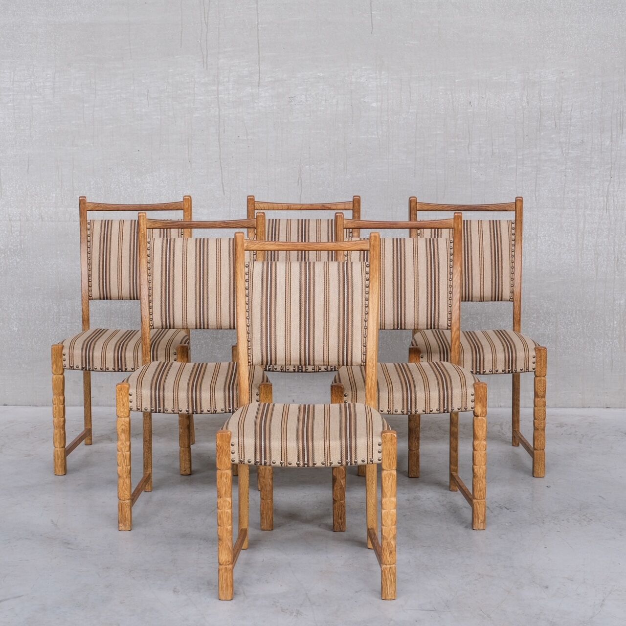 Set of six mid-century oak upholstered danish dining chairs