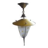 VINTAGE PAINTED SHEET METAL CHANDELIER BRASS & GLASS 50/60's YELLOW