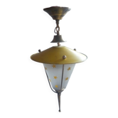 VINTAGE PAINTED SHEET METAL CHANDELIER BRASS & GLASS 50/60's YELLOW