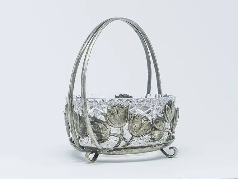 Postmodernist sugar bowl, silver-plated brass, glass, Poland, 1970s