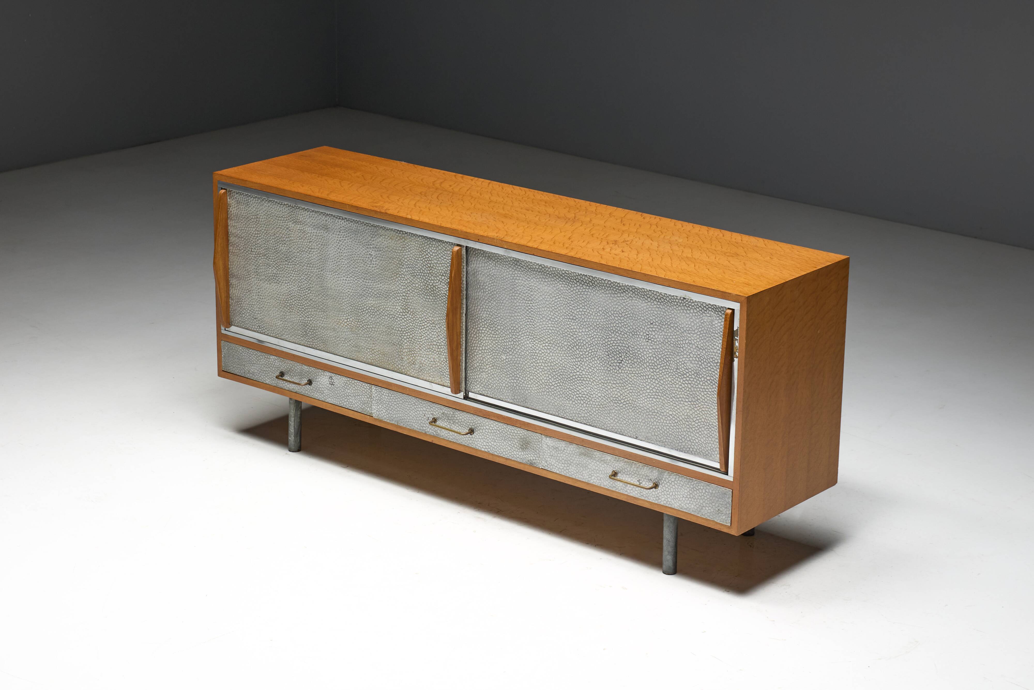 Mid-Century Modern Sideboard with Hammered Metal Façade, France, 1960s