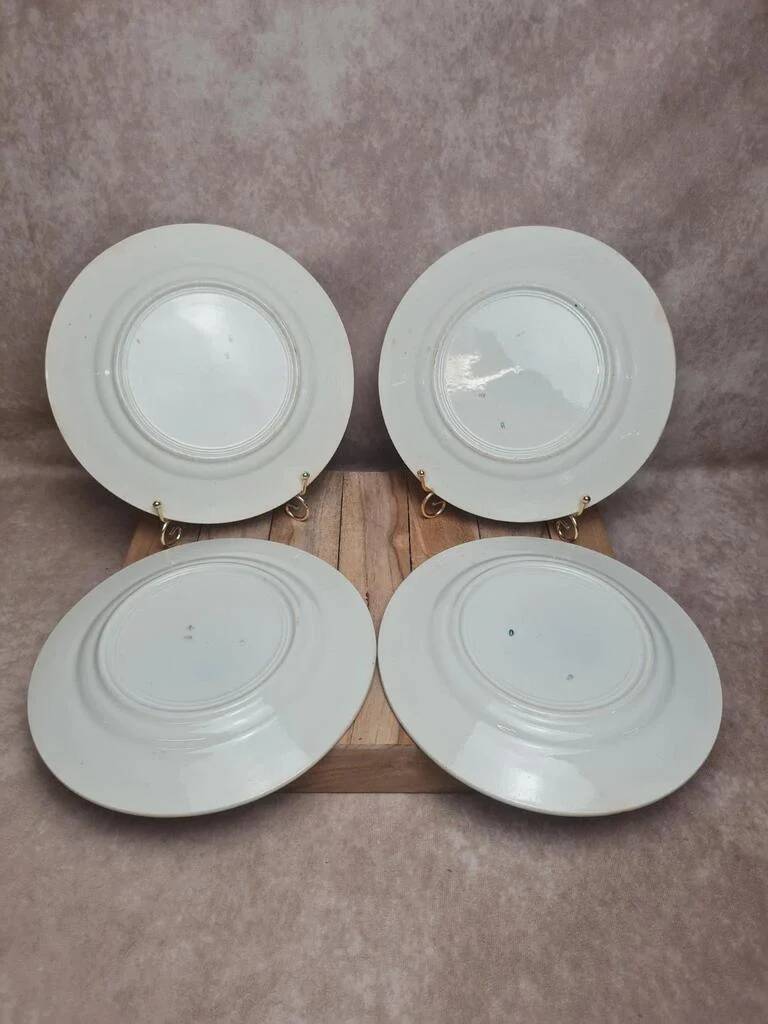 Set of 4 antique plates, Terre de fer Saint-Amand, green decoration.