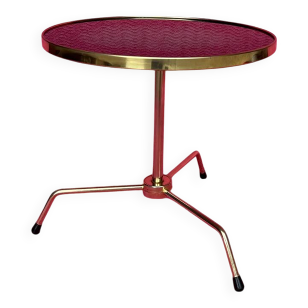 Gueridon/table d’appoint/table a cafe tripode metal dore et plateau ve