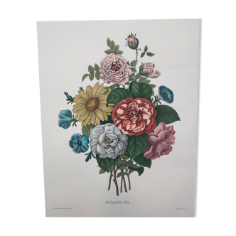 Old watercolor engraving - Bouquet number 2 - Signed JP REDOUTE and A.PREVOST