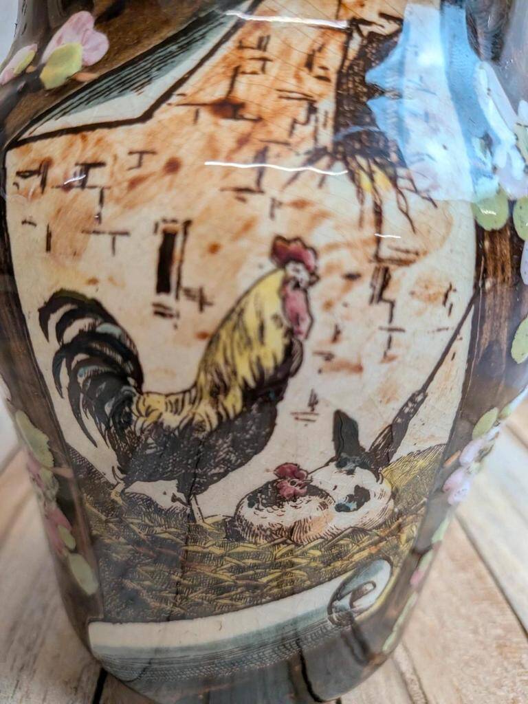 Antique flower pot in majolica by Théodore Lefront – rooster and hen – 19th century
