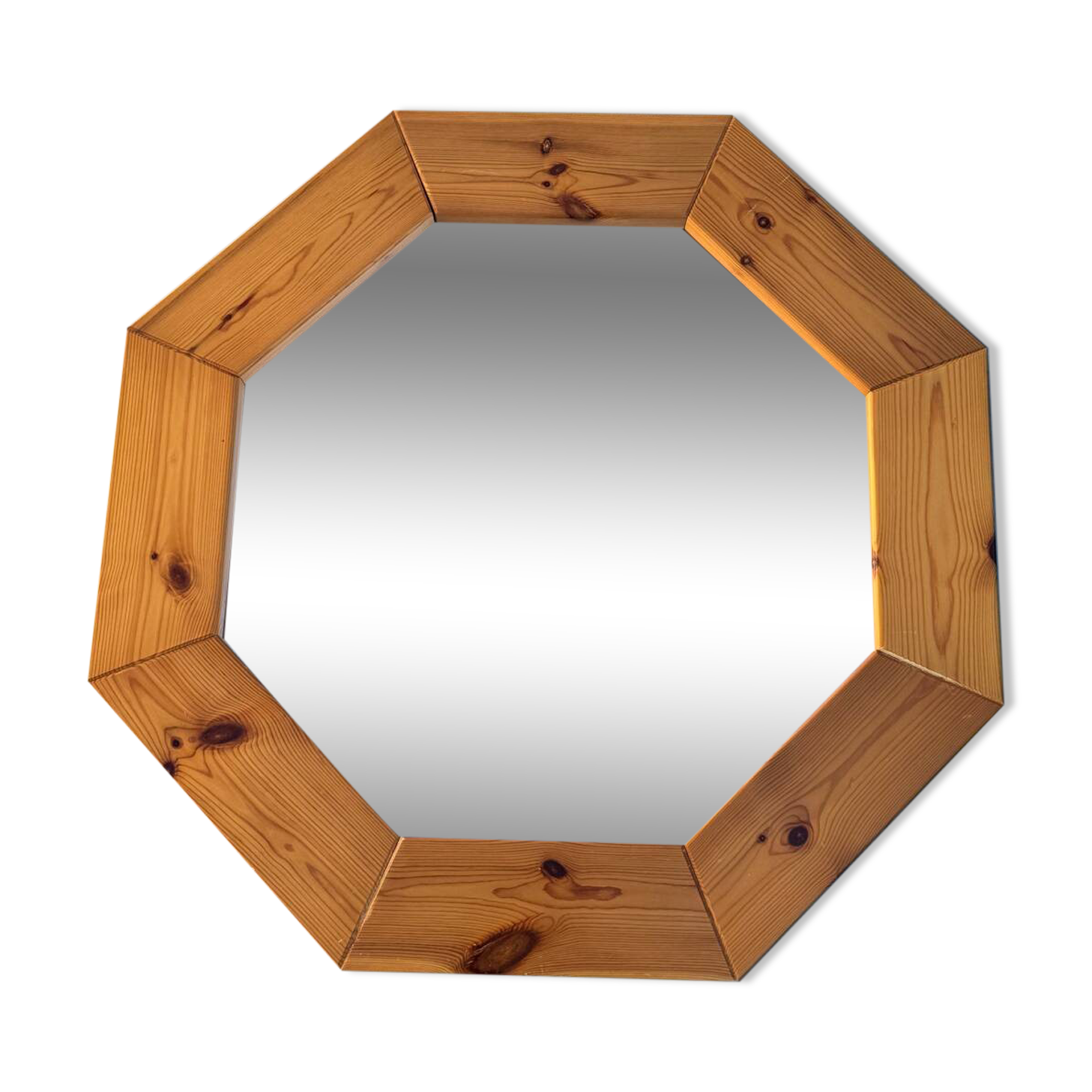 Octagonal pine mirror in 1980s Scandinavian design.