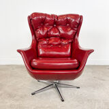 Vintage design tufted red sky leather lounge egg chair 1970s