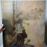 Large painting farm on pond old 19th century signature oil on linen canvas