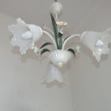 Vintage 3-light chandelier in pink and white metal and glass shaped like flowers, France.