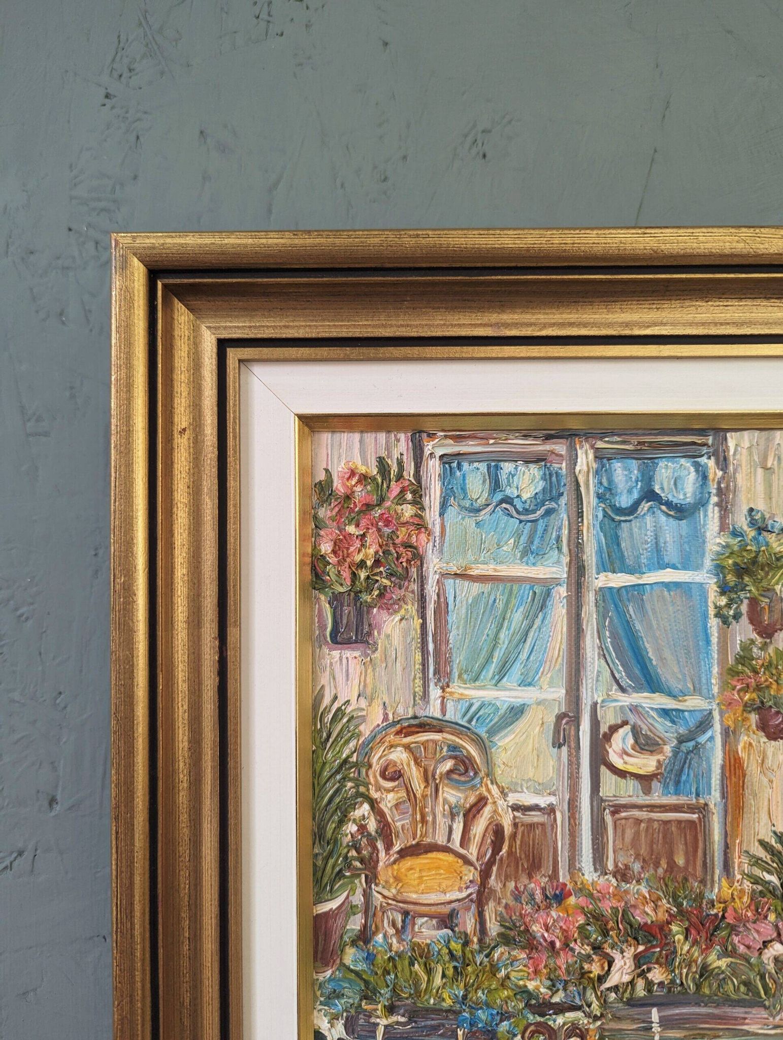 Mid-Century Modern Swedish "Balcony Garden" Vintage Oil Painting, Framed