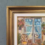 Mid-Century Modern Swedish "Balcony Garden" Vintage Oil Painting, Framed