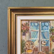 Mid-Century Modern Swedish "Balcony Garden" Vintage Oil Painting, Framed