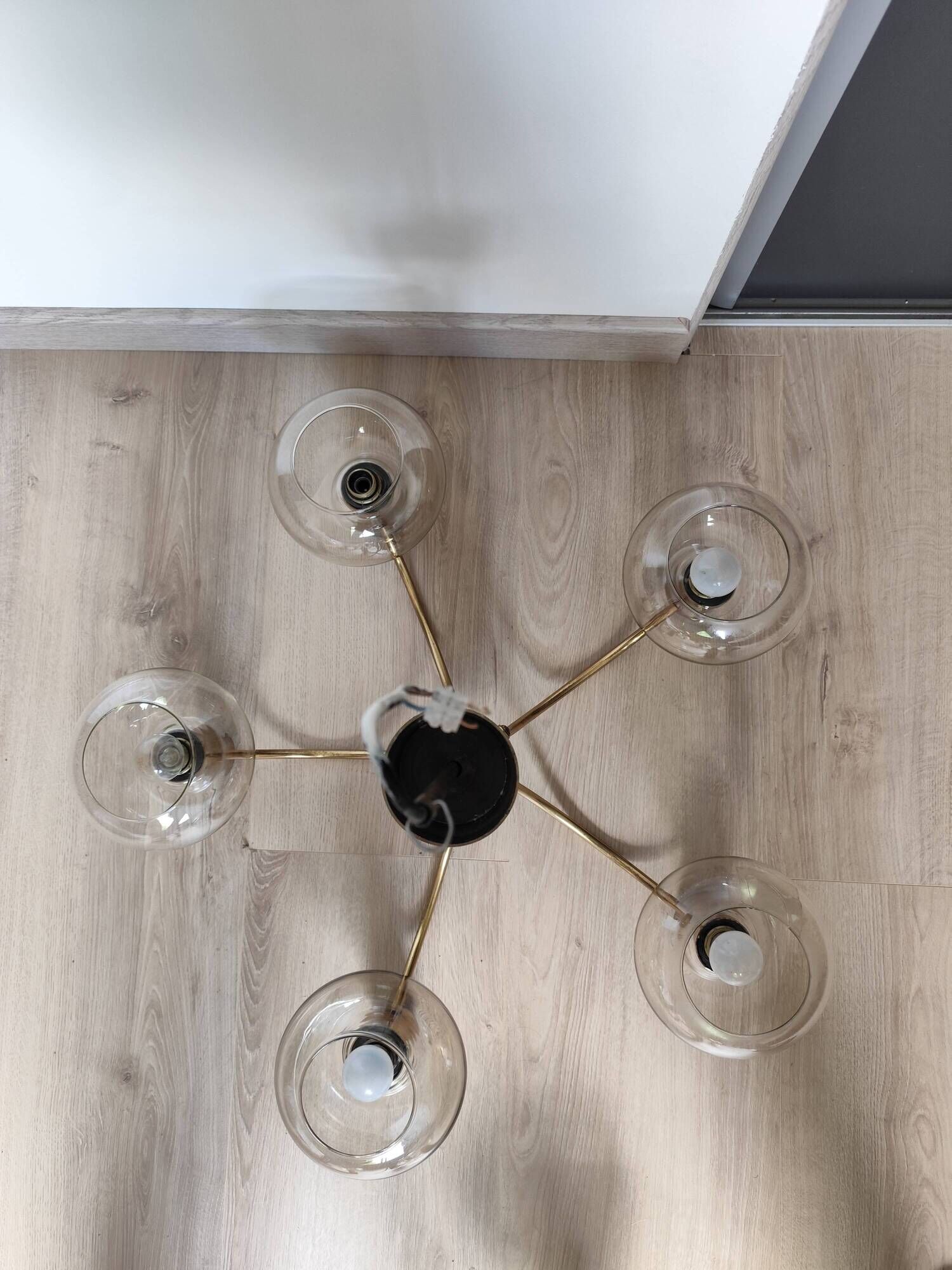 Pair of matching brass and bakelite chandeliers, 3 and 5 branches, 70s milk