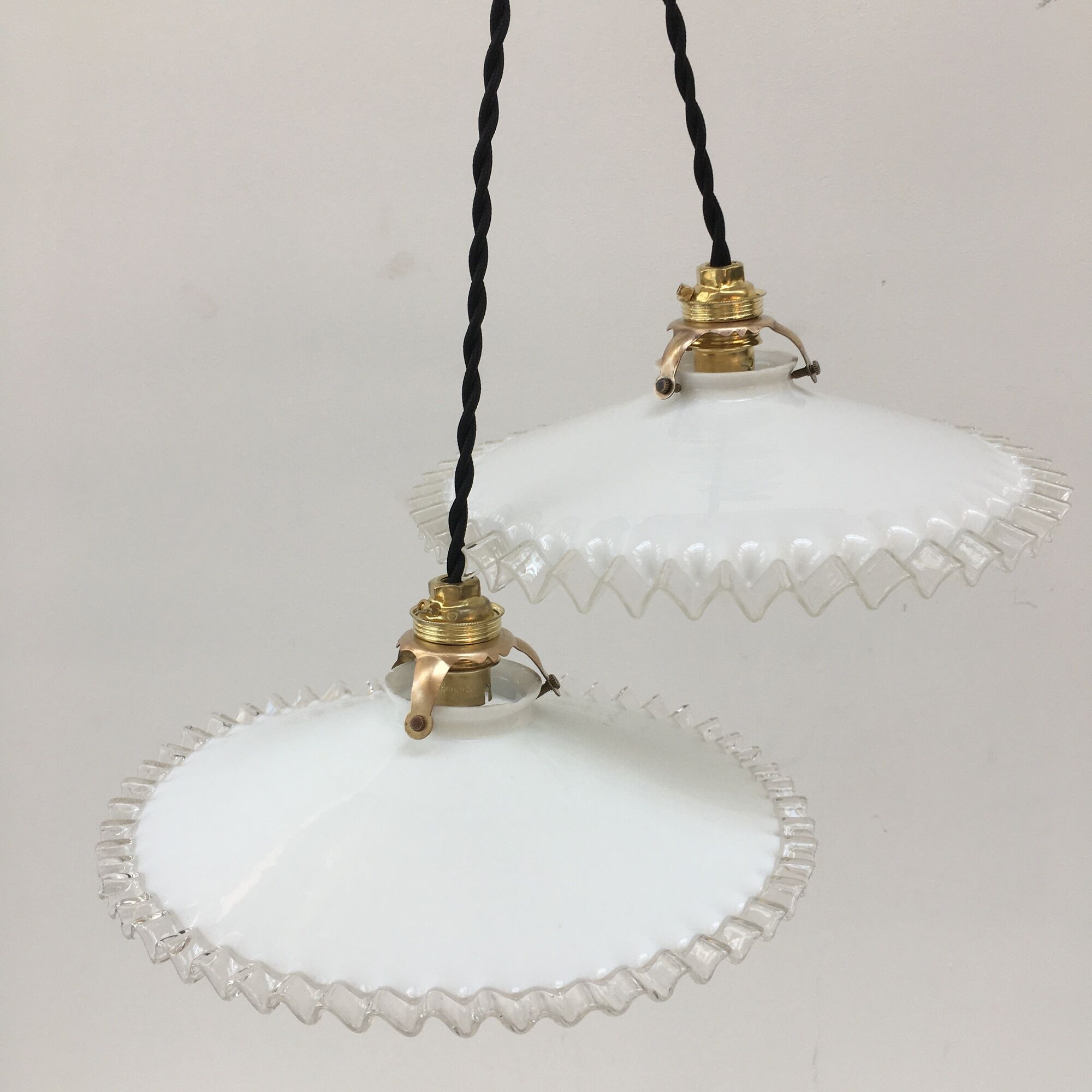 Pairs of vintage suspensions in white opaline with serrated edges