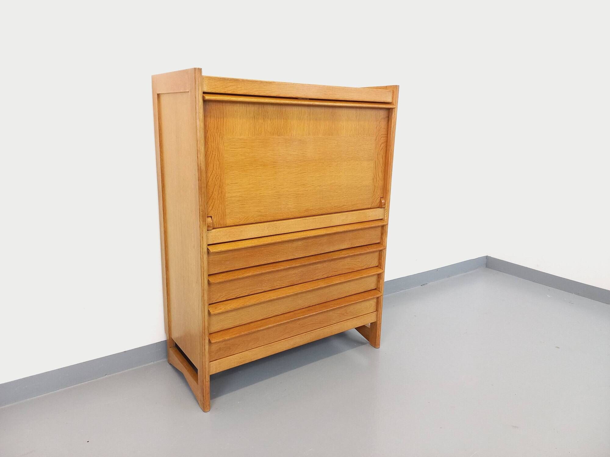 Vintage Guillerme and Chambron secretary desk in solid oak from the 50s and 60s