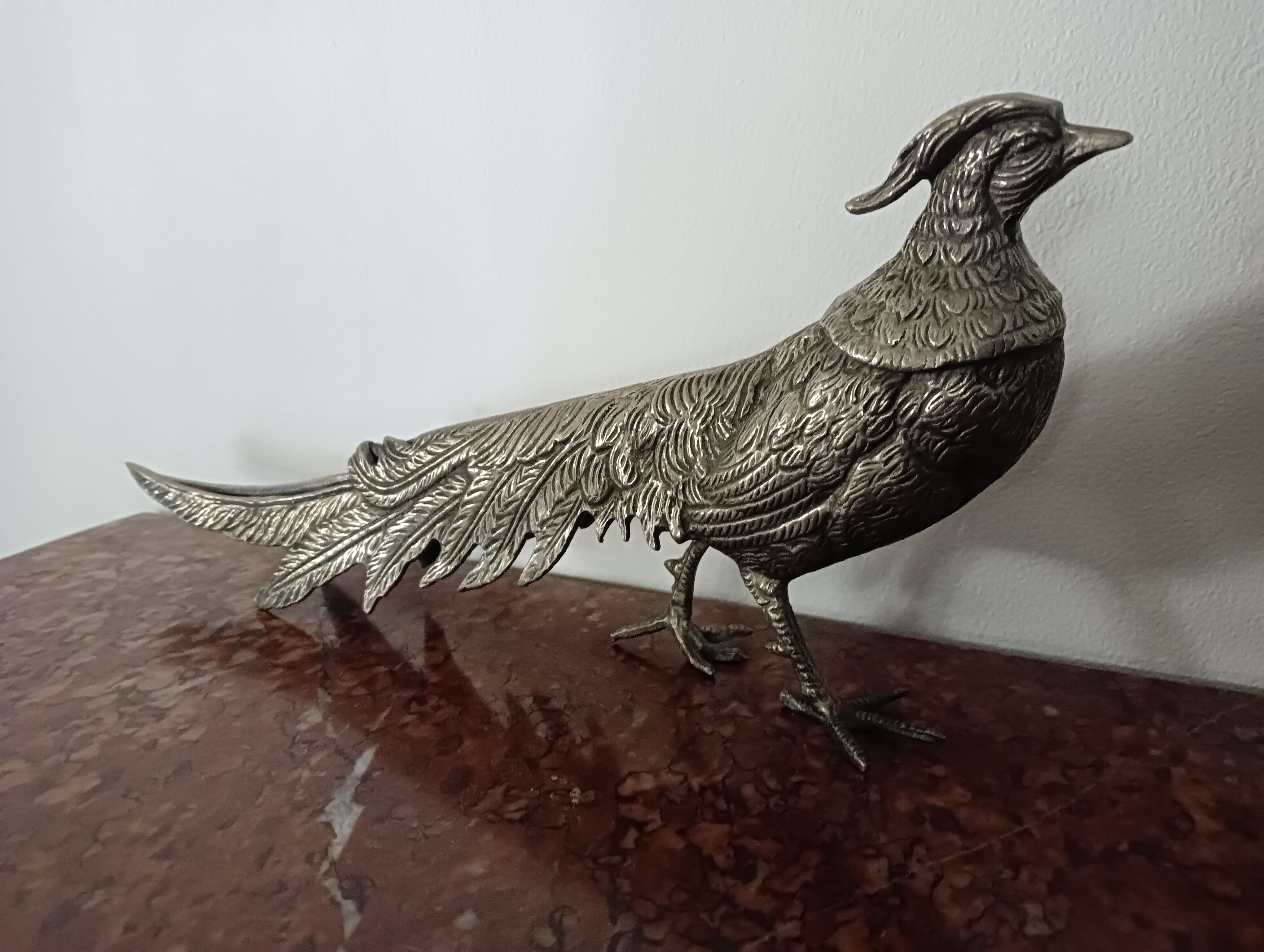 Pair of pheasants in silver metal, 1970