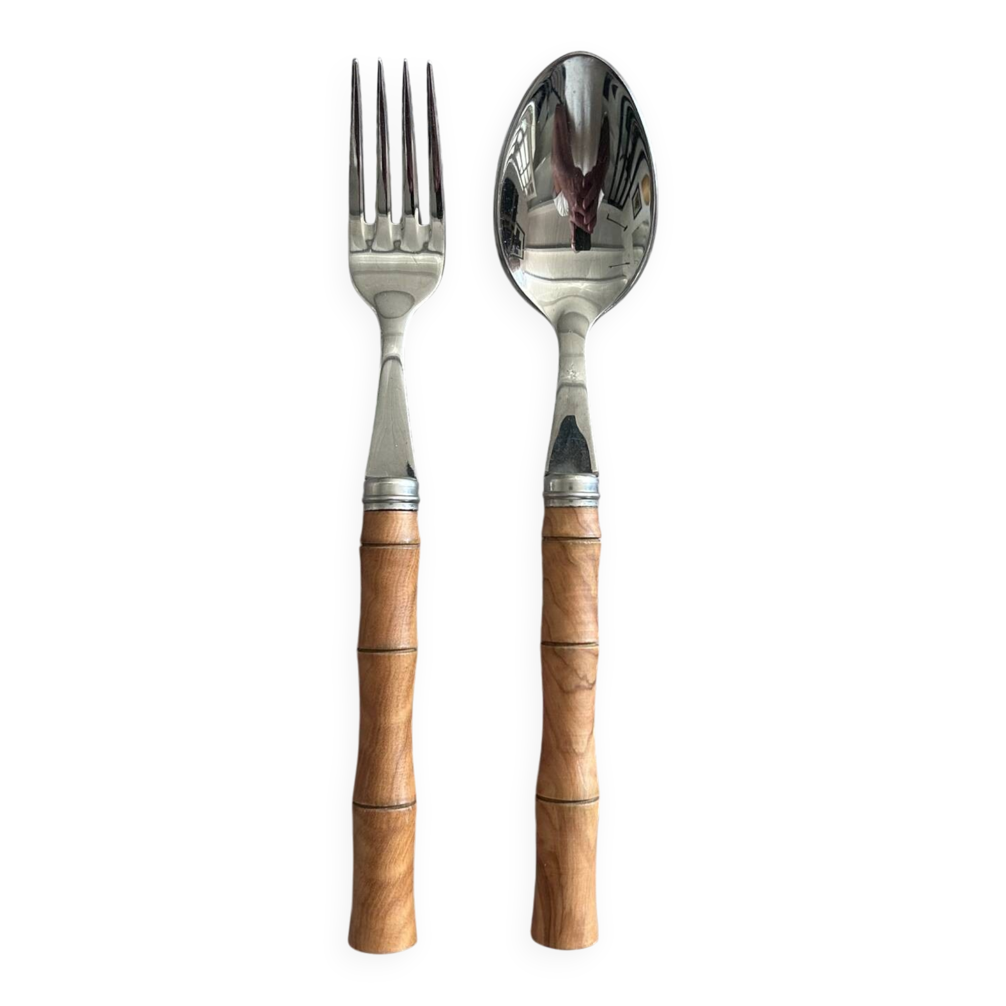 Pair of stainless steel and boxwood cutlery