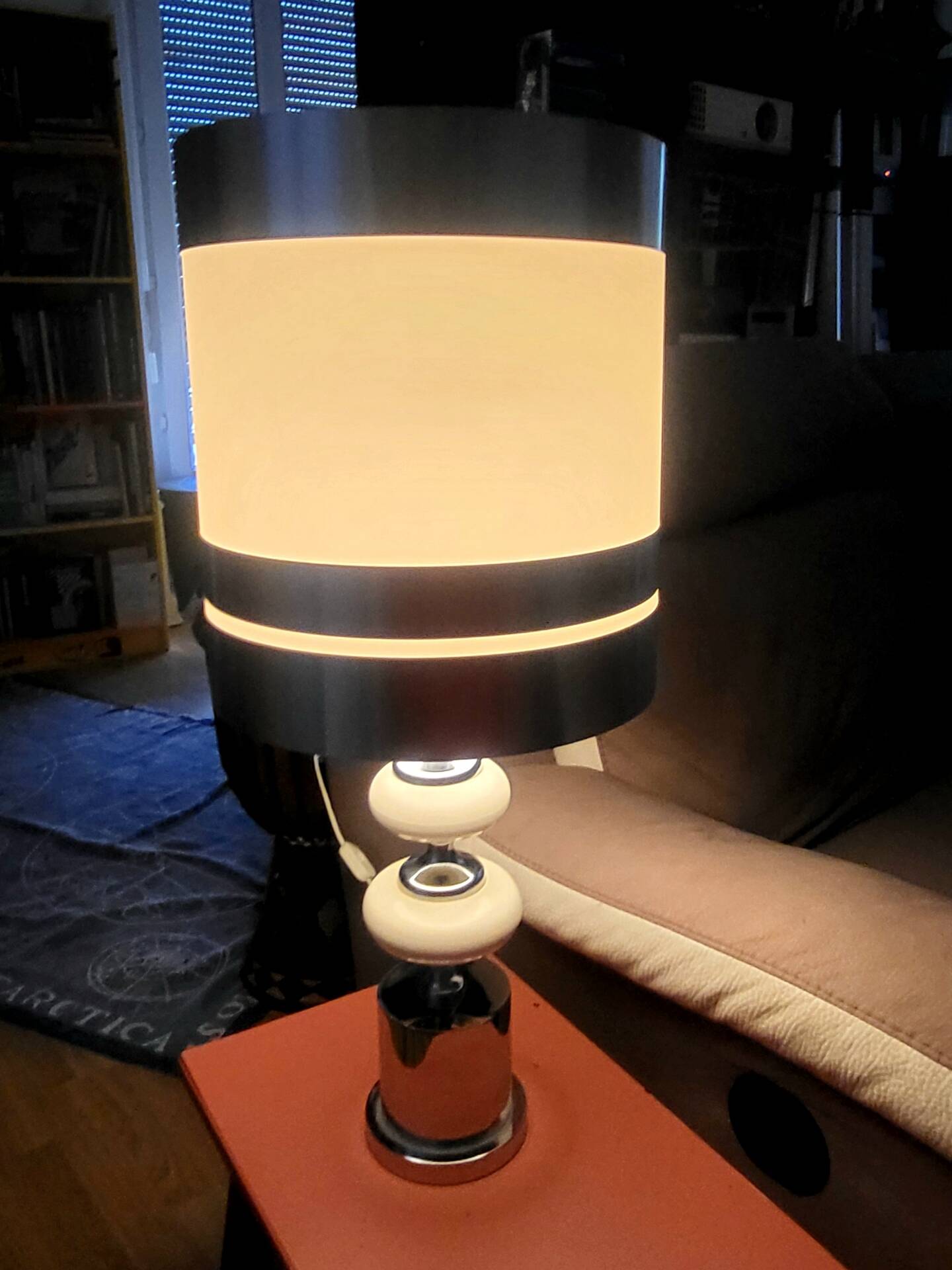 Large Vintage 1970 Space Age Chrome & Wood Lamp