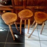 Set of 3 brutalist bar stools in raw wood