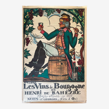 Affiche publicitaire originale "Les Vins de Bourgogne" 80x120cm 1925