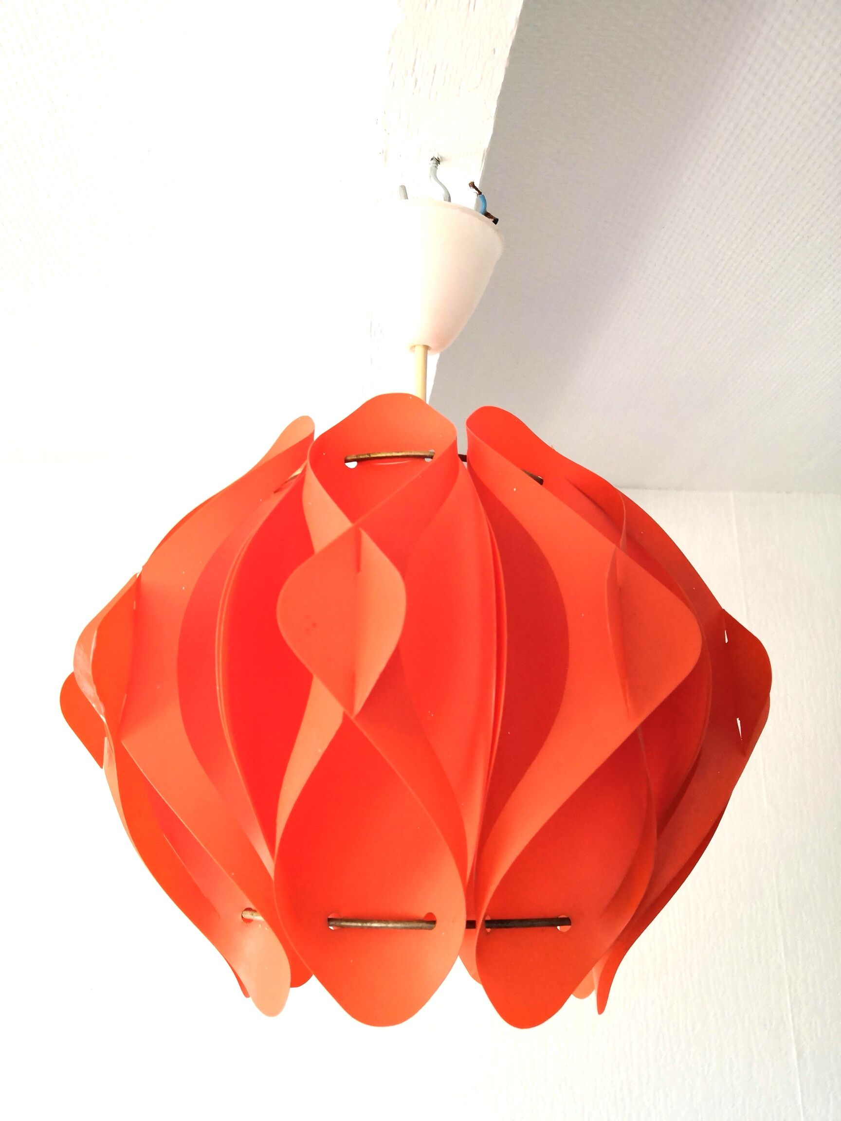 Orange pendant lamp in pleated plastic design 70s