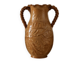 Large antique ceramic vase with two twisted handles.