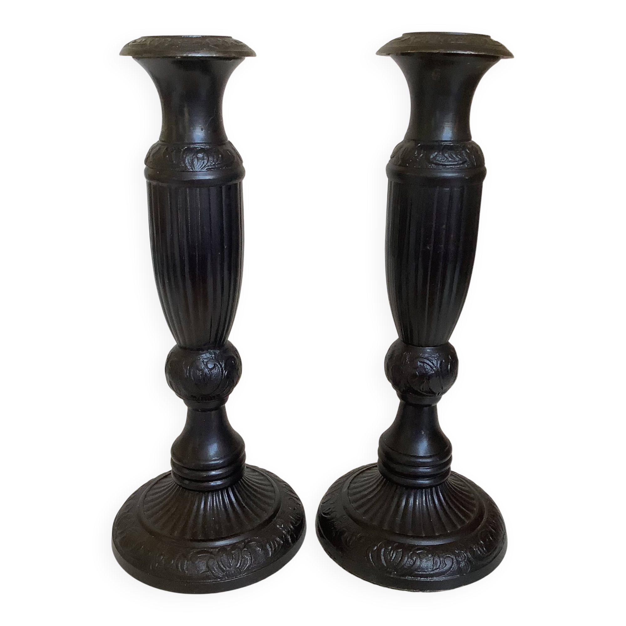 Pair of large black metal candlesticks
