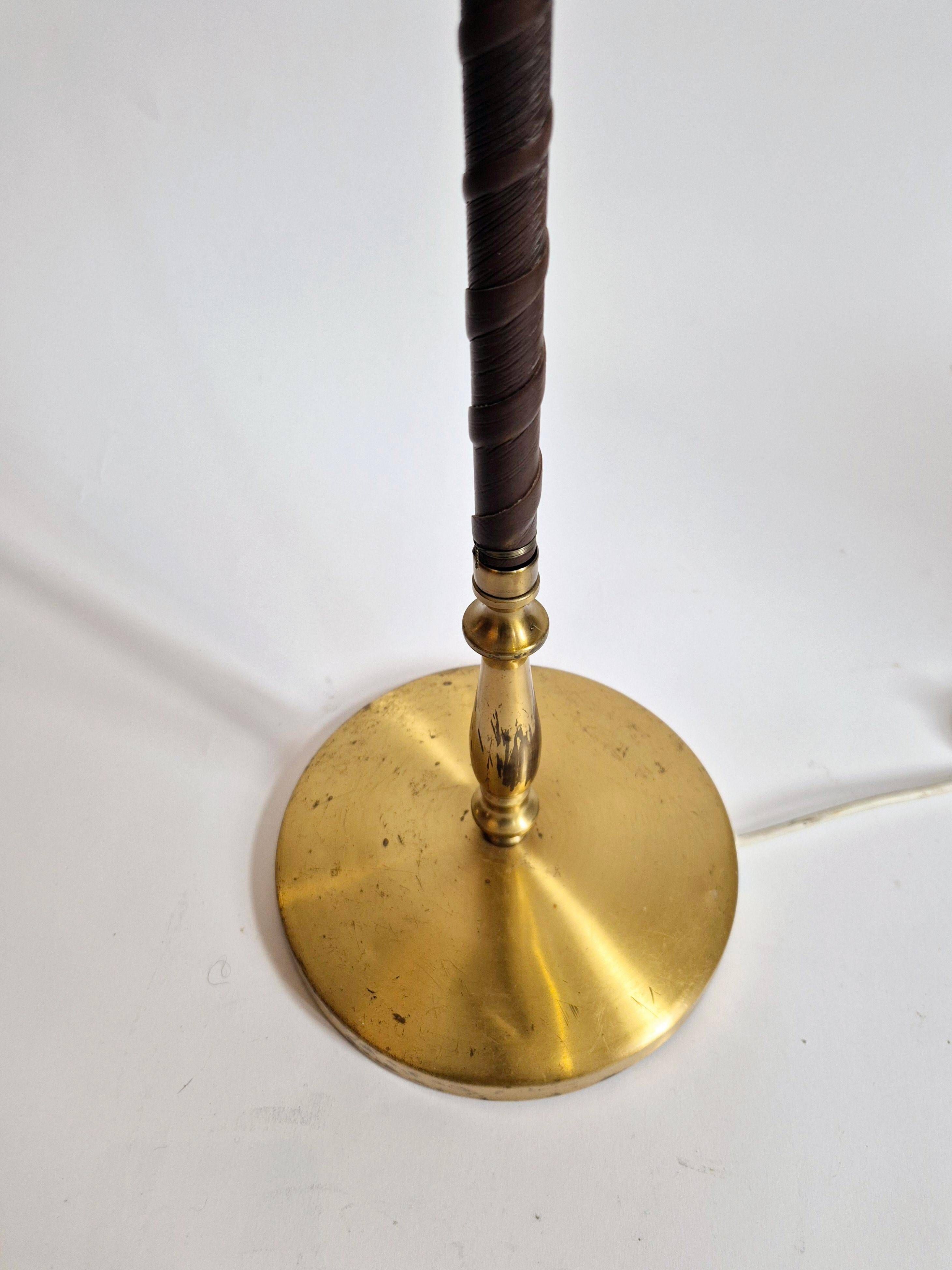 Brass floor lamp with dark brown leather trim, Swedish / Scandinavian Modernity