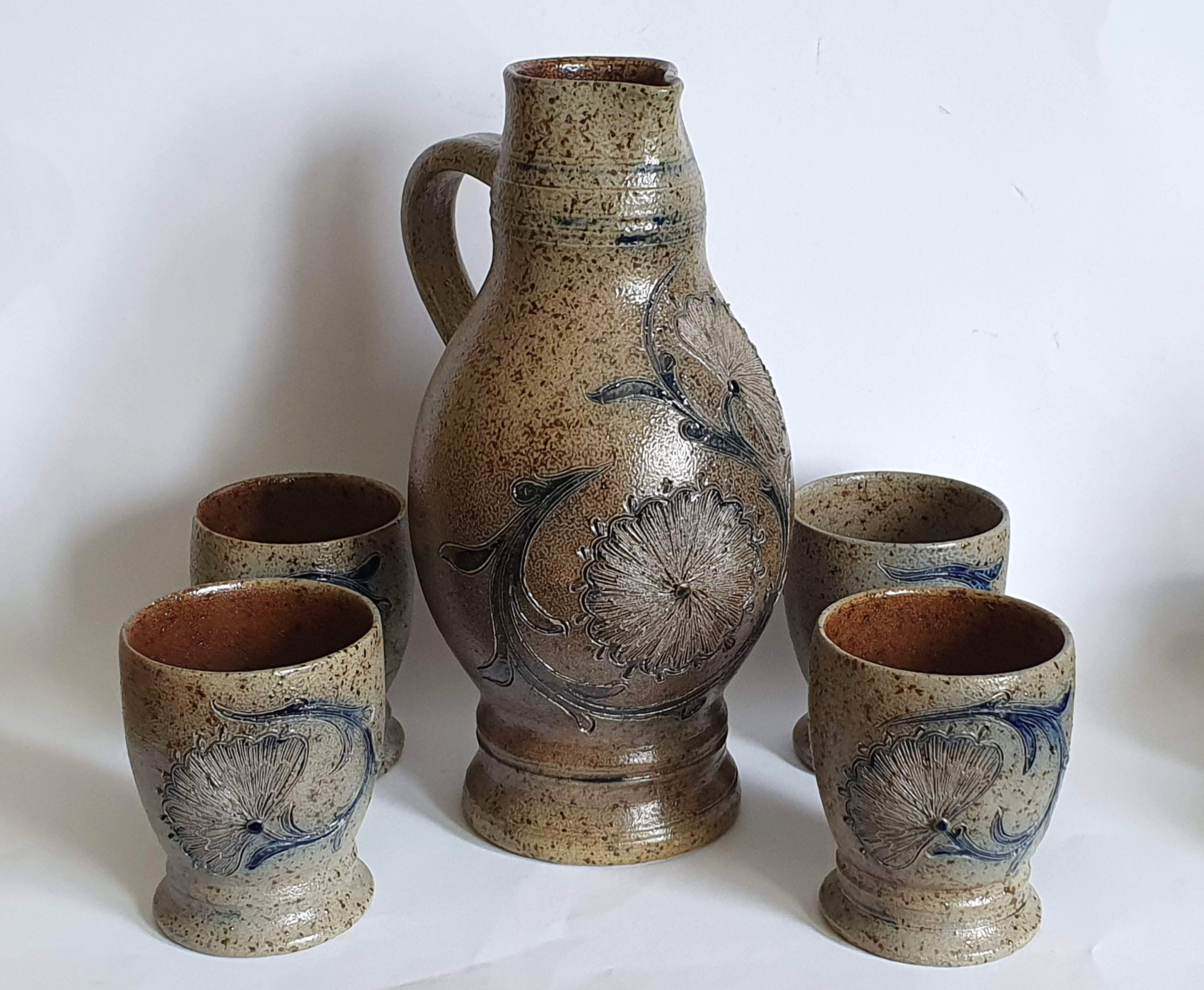 Sandstone pitcher and four cups by Loys Ruhlmann Betschdorf