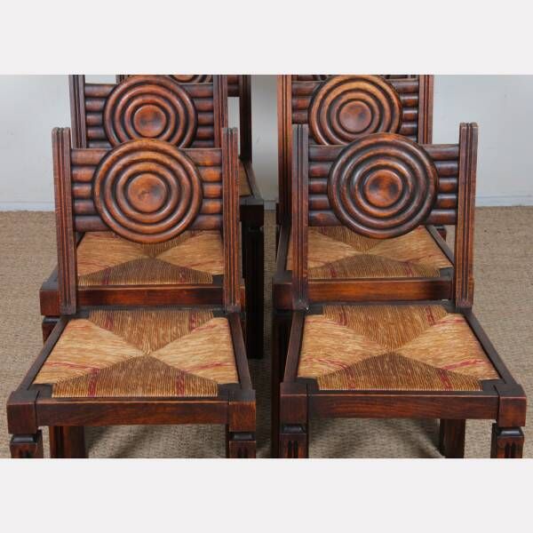 Set of 6 straw-seated solid wood chairs, French craftsmanship, 1940.