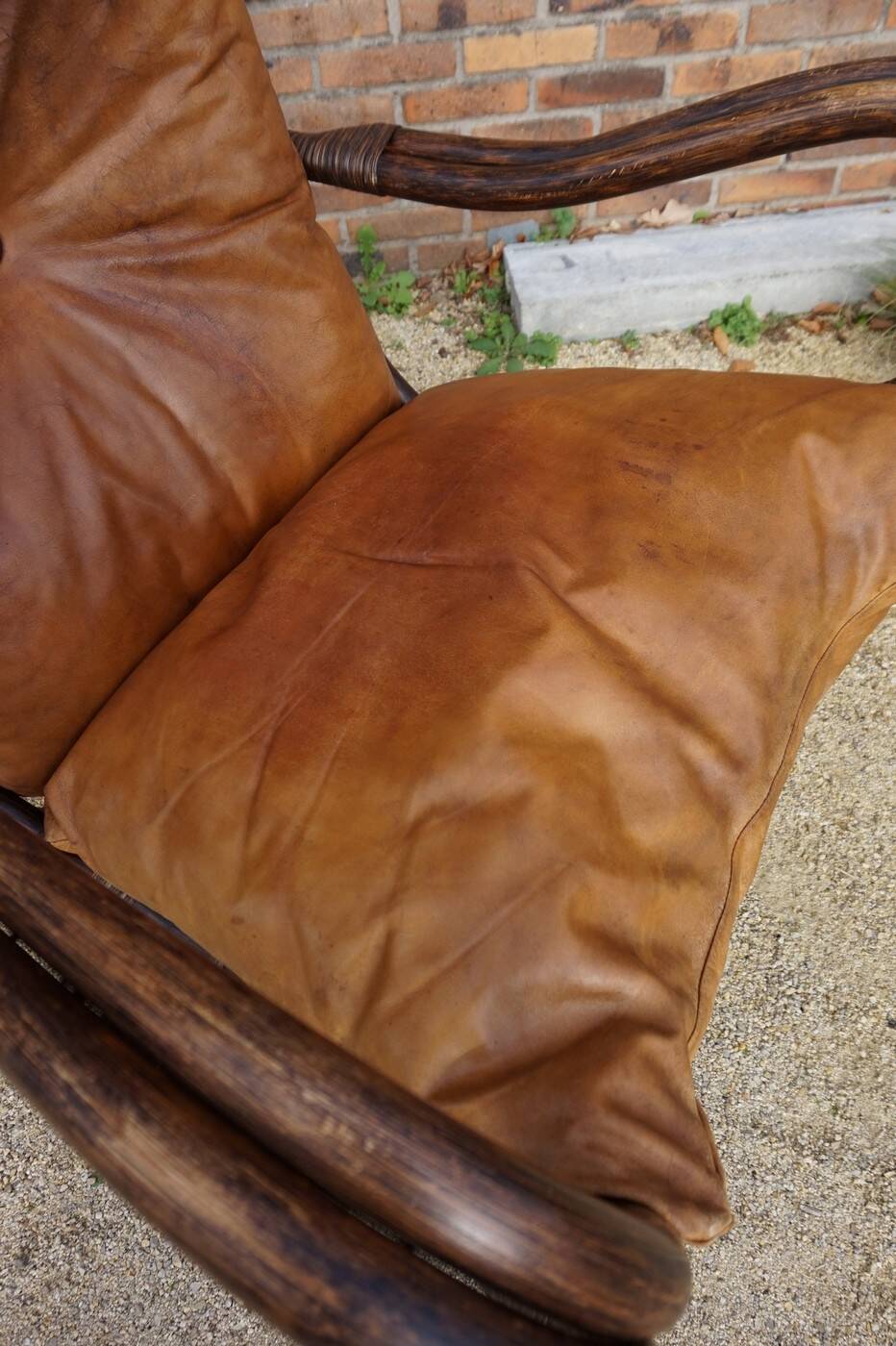 Chaise longue vintage en bambou et rotin avec coussins en cuir, années 1960