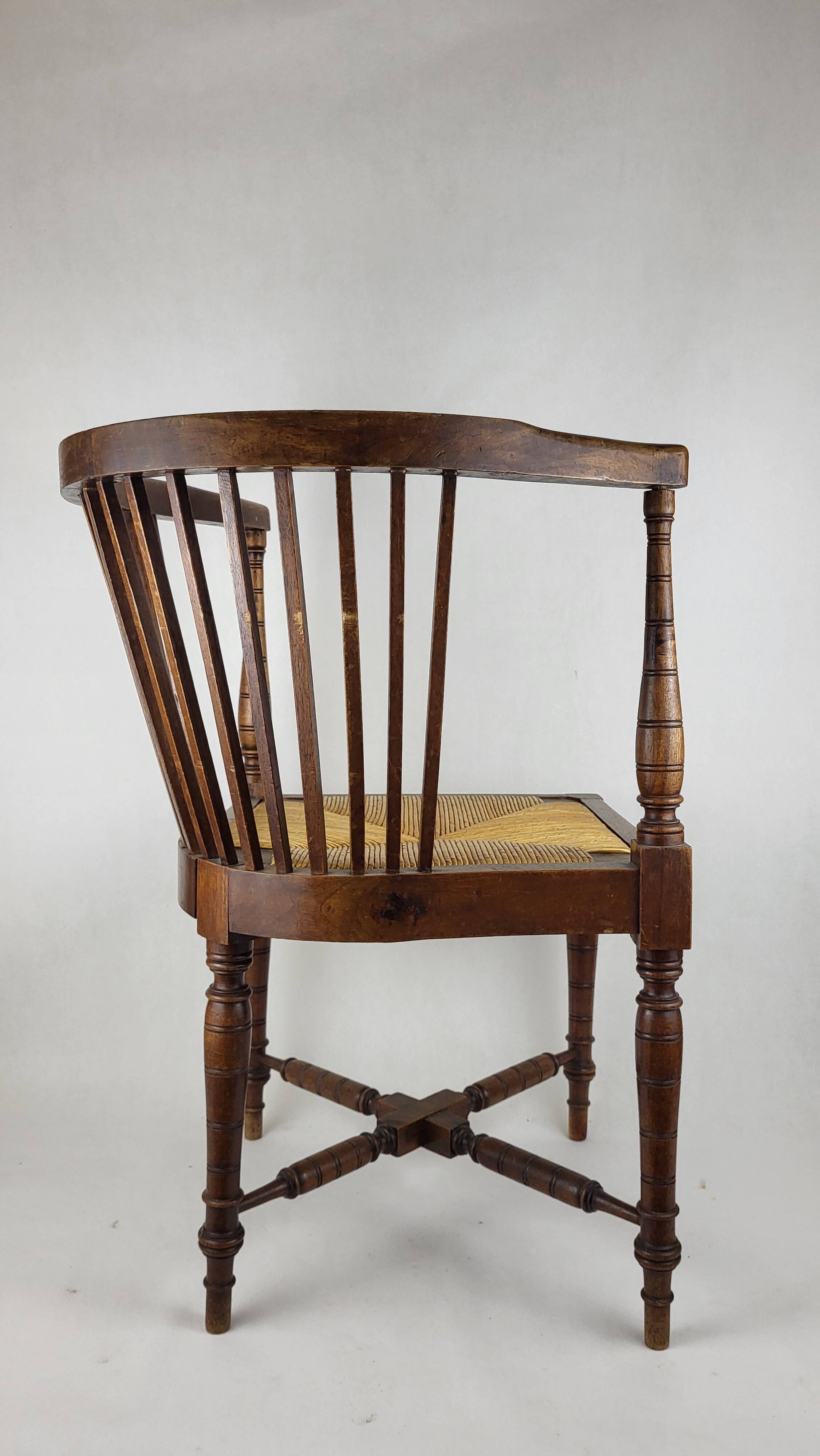 19th century English wood & straw corner armchair chair