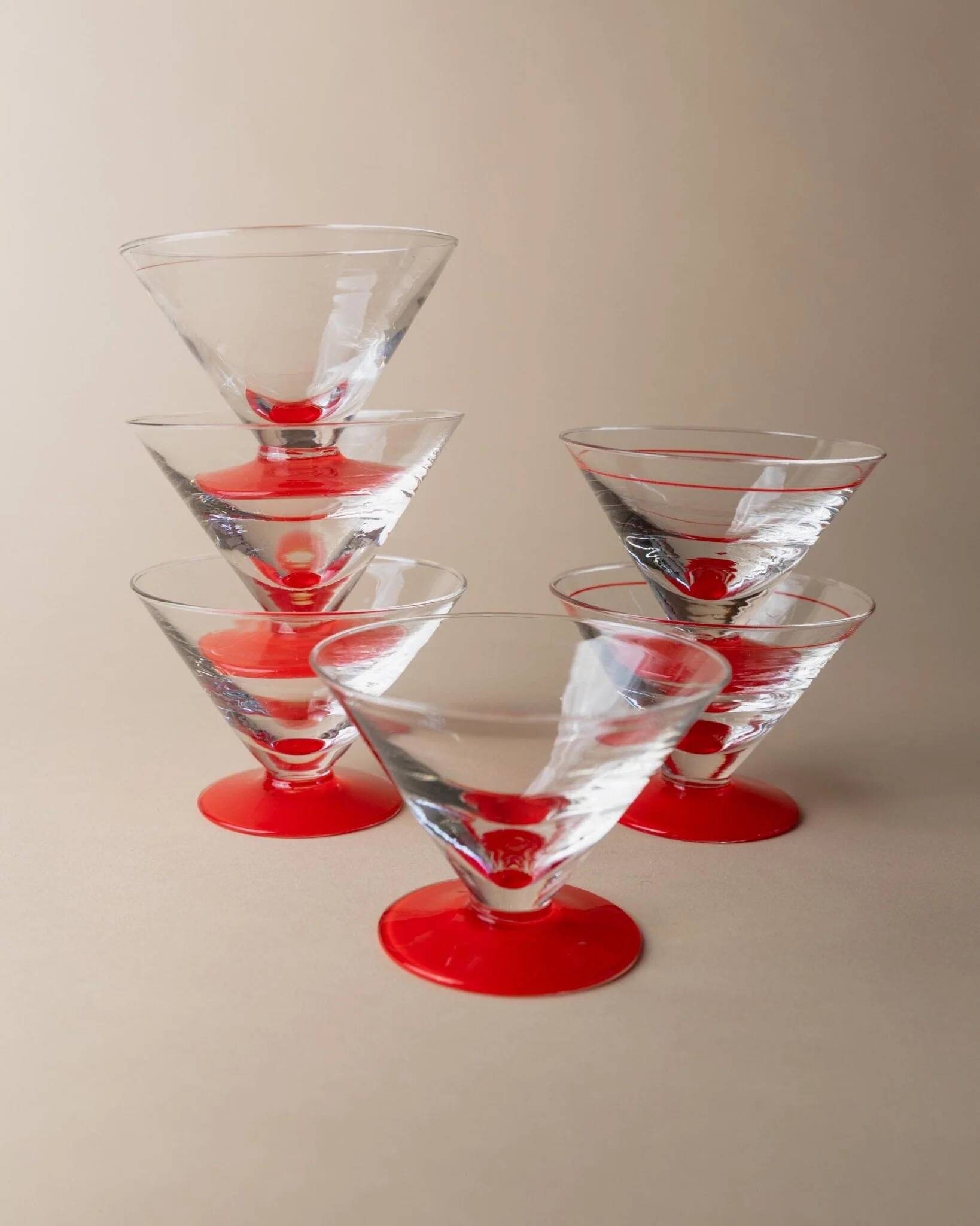 Vintage set of 6 red drinking glasses - Postmodern Memphis style ice cream cups - Italy 1980s