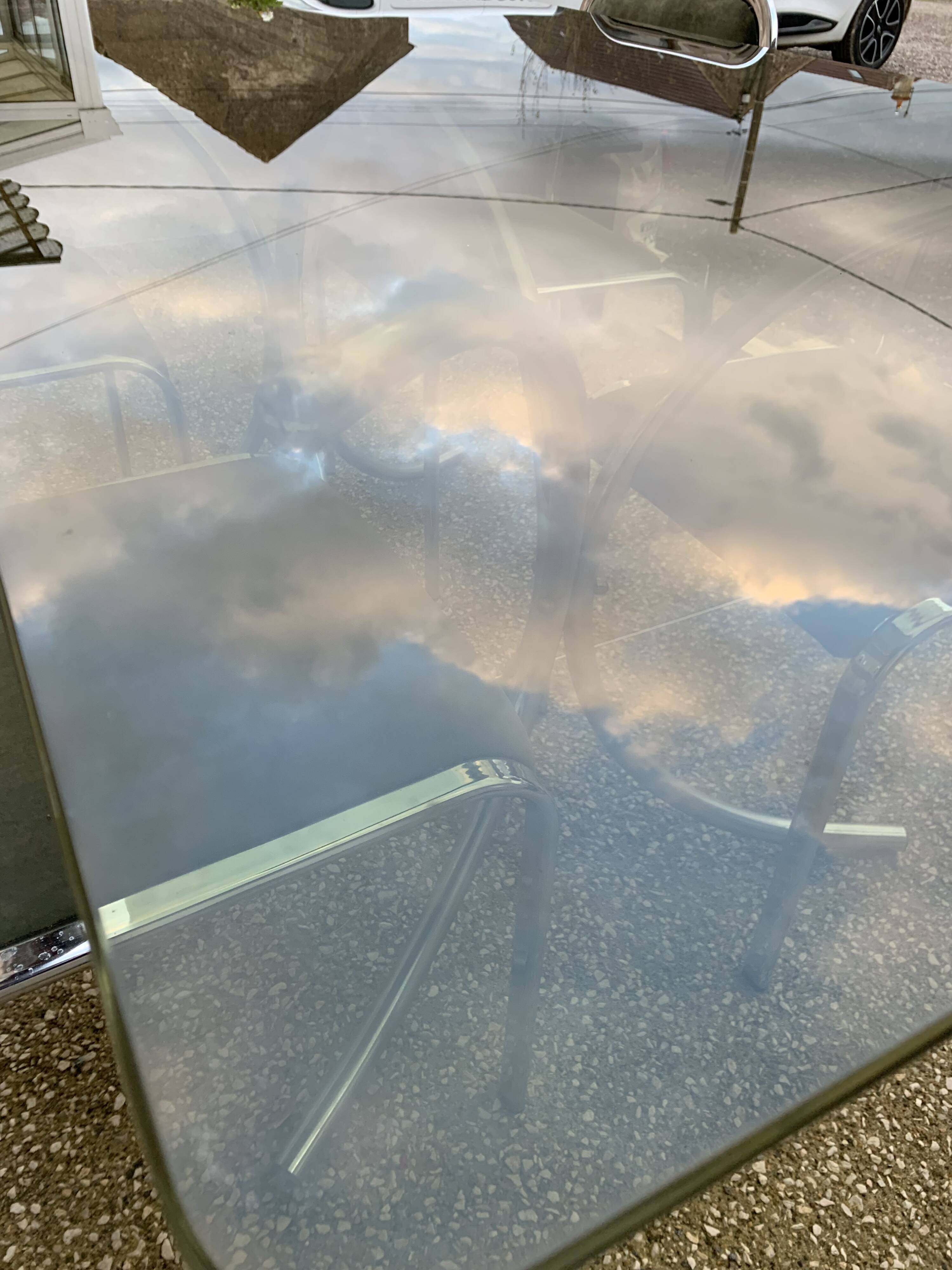 Vintage table, glass top, chrome base + 4 chairs