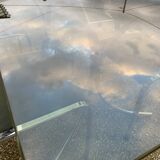 Vintage table, glass top, chrome base + 4 chairs