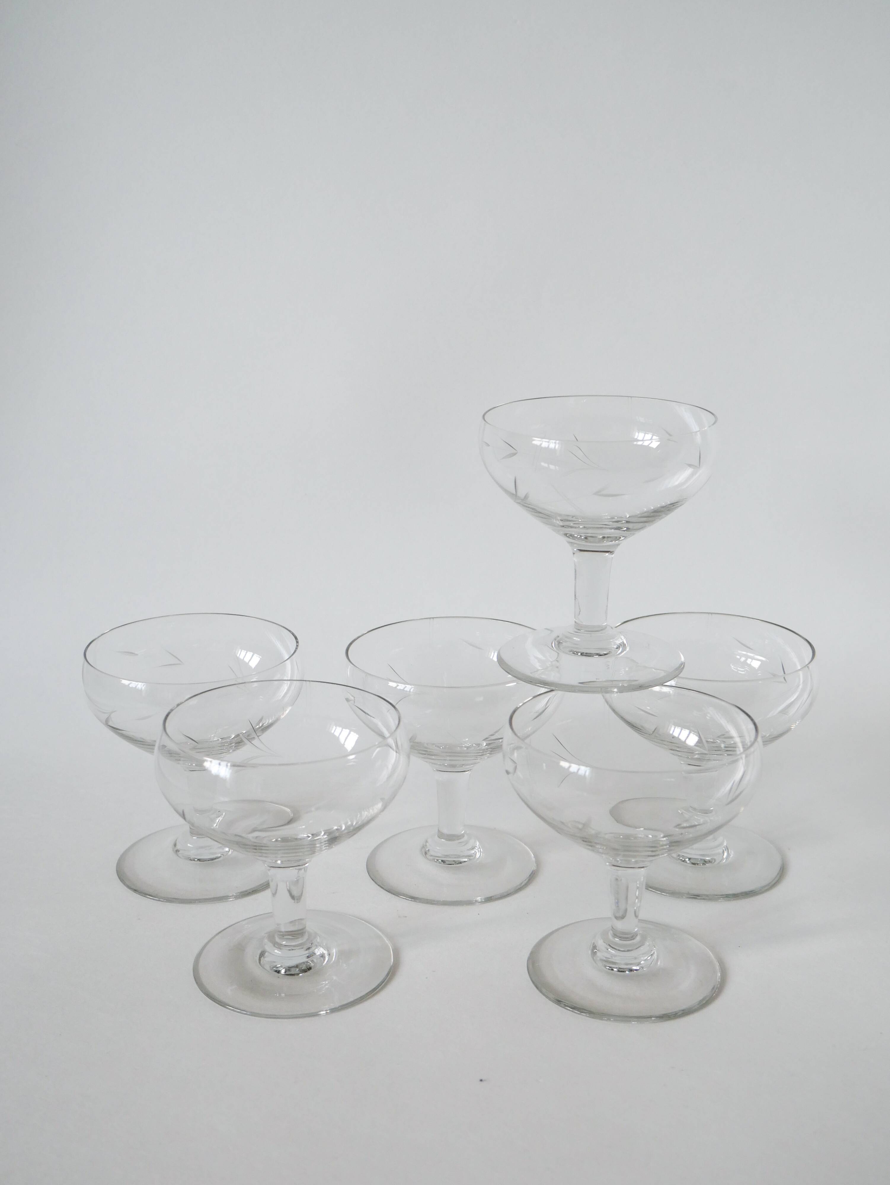 Set of 6 engraved crystal champagne glasses 1950
