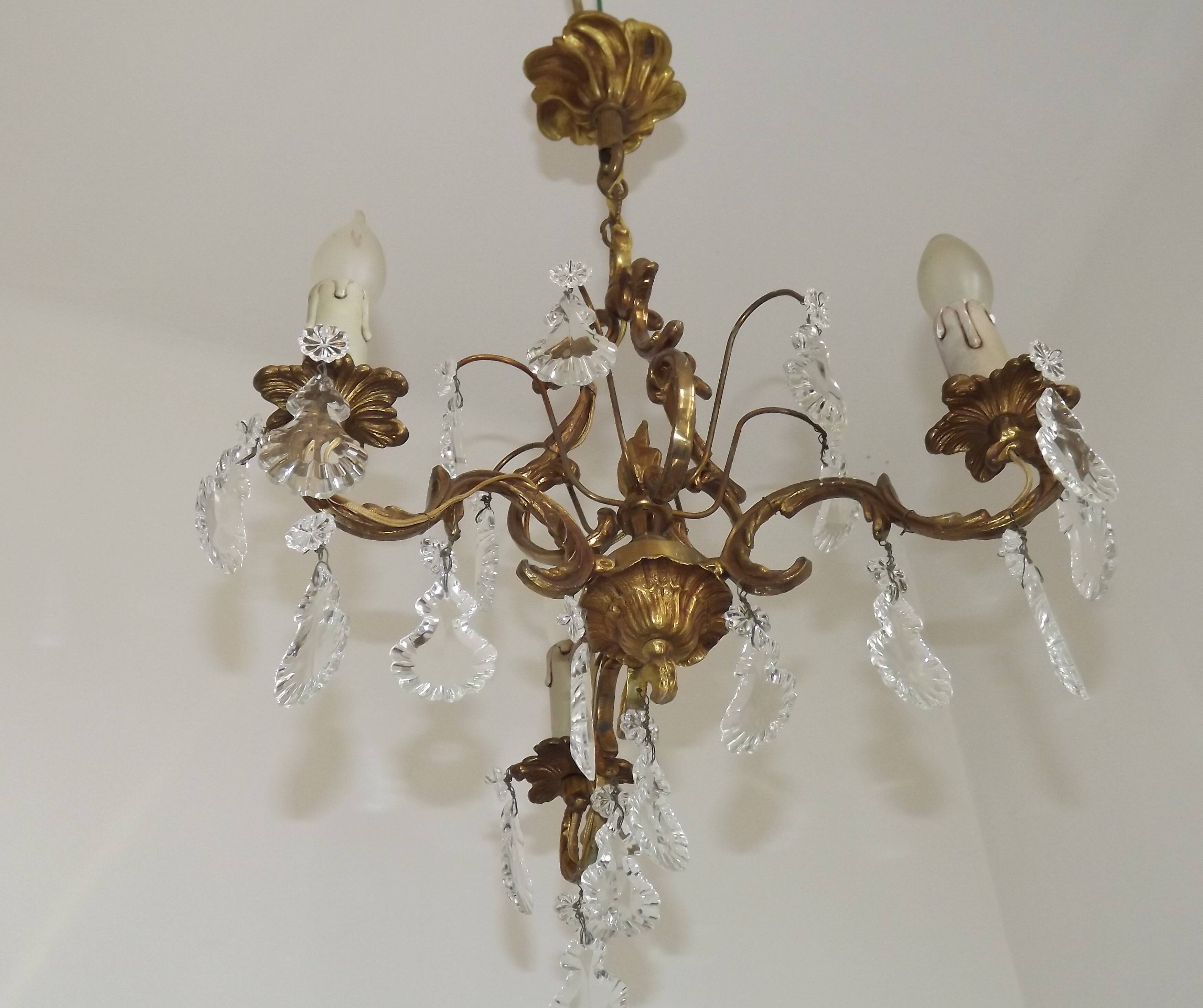 Chandelier en cage en bronze et cristal à 3 lumières Acanthus Art Nouveau français