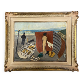 Tableau HSP "La plage" éc. surréaliste / cubiste signé Fru-Ki + cadre vers 1950