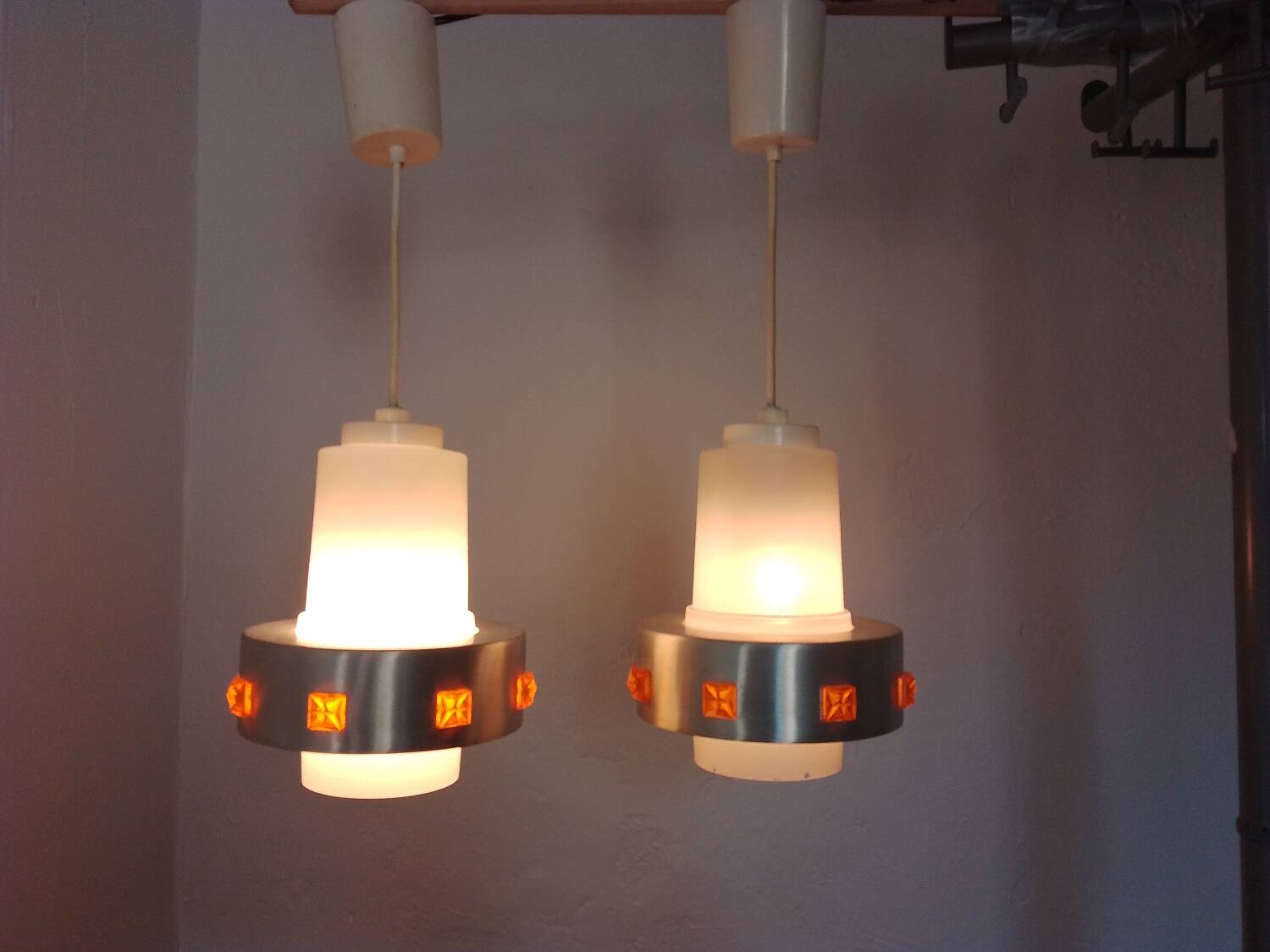 Pair of 1970s Space Age glass and aluminum lamps