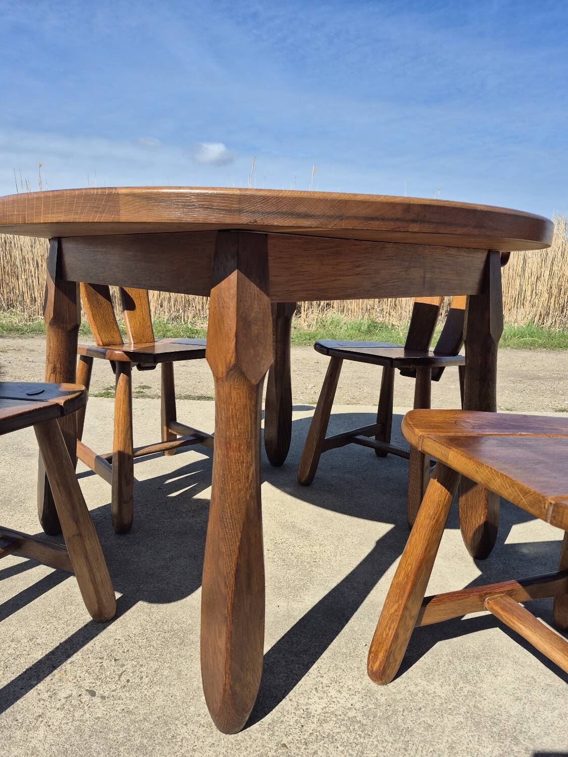 Brutalist set solid oak round dining table 4 chairs Depuydt Belgium